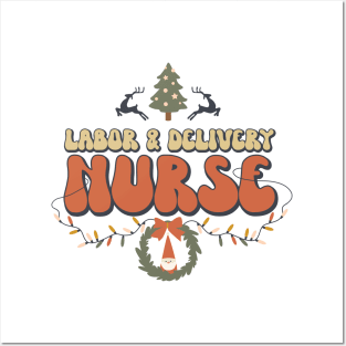 Retro Labor and Delivery Nurse Christmas Lights Santa Wreath Posters and Art